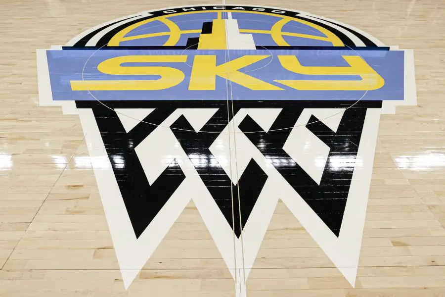 Chicago Sky logo is seen center court before a WNBA game between the Chicago Sky and New York Liberty at Wintrust Arena.
